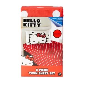 Hello Kitty Kids 3 Piece Twin Sheet Set Red/White Polka Dot Sanrio NEW